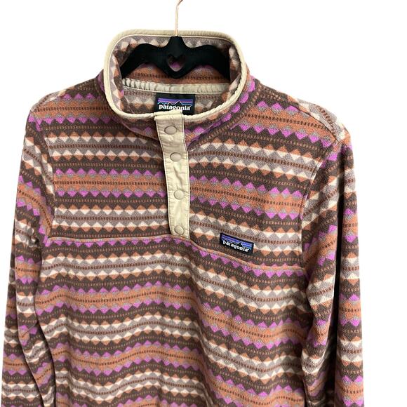 Patagonia Micro D Snap T Fleece Pullover Pink Diamond Stripe / Brown Size Medium - Picture 3 of 7